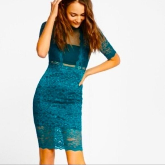 Express lace mock neck sheath dress emerald green - Picture 1 of 8
